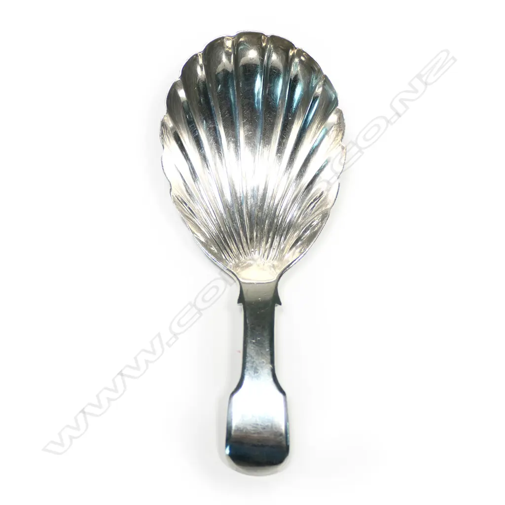 A Geo IV silver caddy spoon, fiddle pattern with scalloped fig shaped bowl, London 1822 by Geo. Knight. L.83mm Image 1++