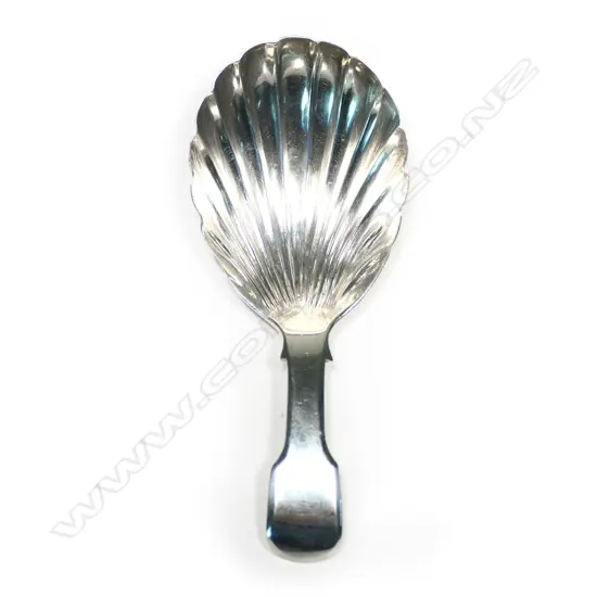 A Geo IV silver caddy spoon, fiddle pattern with scalloped fig shaped bowl, London 1822 by Geo. Knight. L.83mm