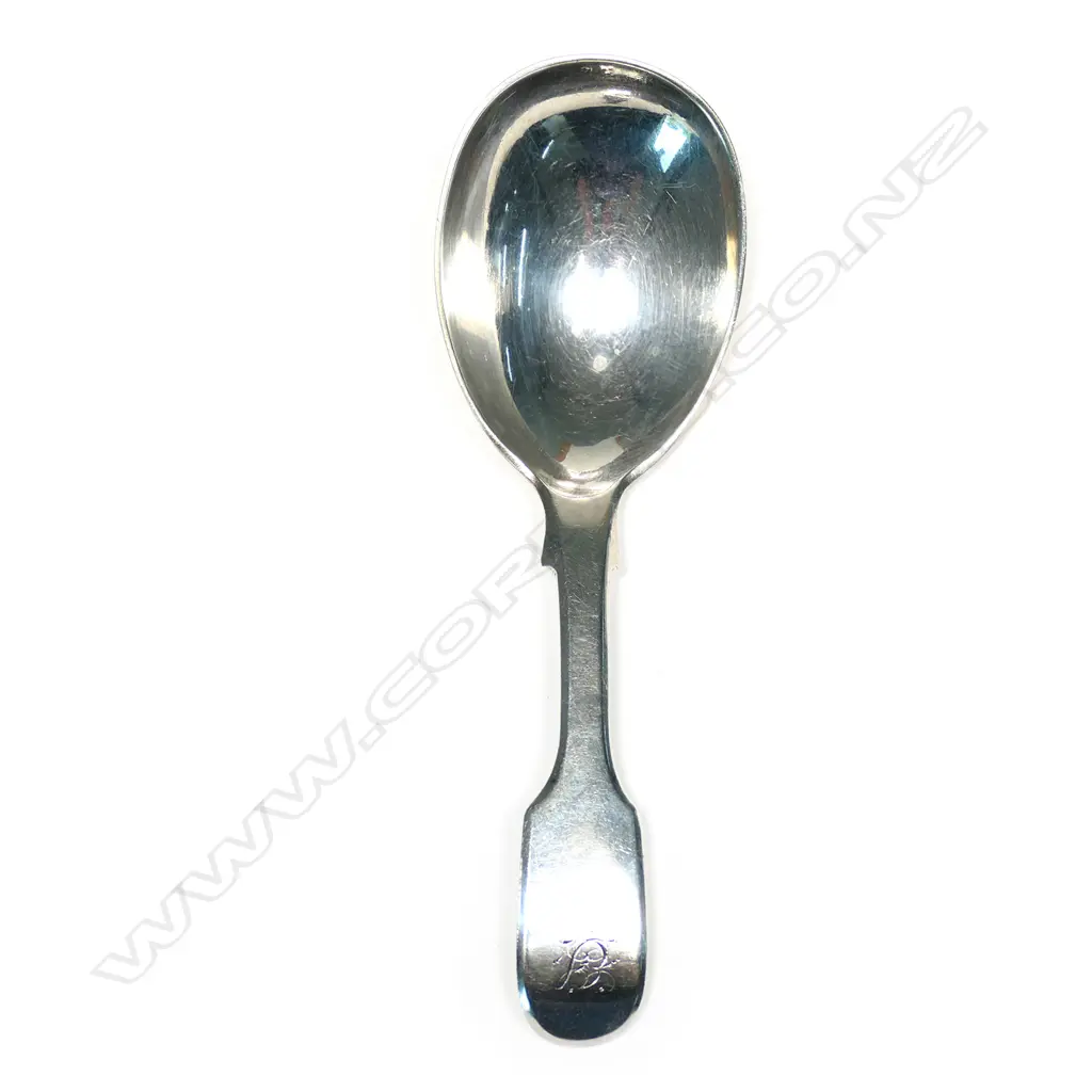 A Wm IV silver caddy spoon, Old English pattern with fig shaped bowl. London 1825 by Rich'd Britton Image 1++