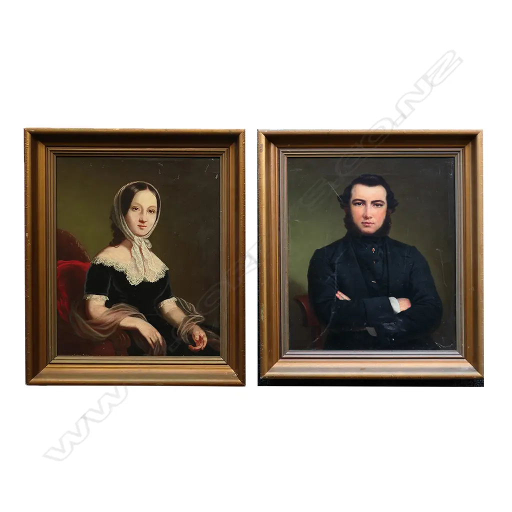 A pair of 19thC English portraits, husband and wife, oil on canvas, unsigned but G. Buckley 1863 written to canvas verso, some craquelure to finish on both portraits with scratches and repairs to the gent's portrait, framed.  290 x 230mm. Image 1++