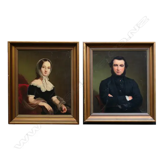 A pair of 19thC English portraits, husband and wife, oil on canvas, unsigned but G. Buckley 1863 written to canvas verso, some craquelure to finish on both portraits with scratches and repairs to the gent's portrait, framed.  290 x 230mm.