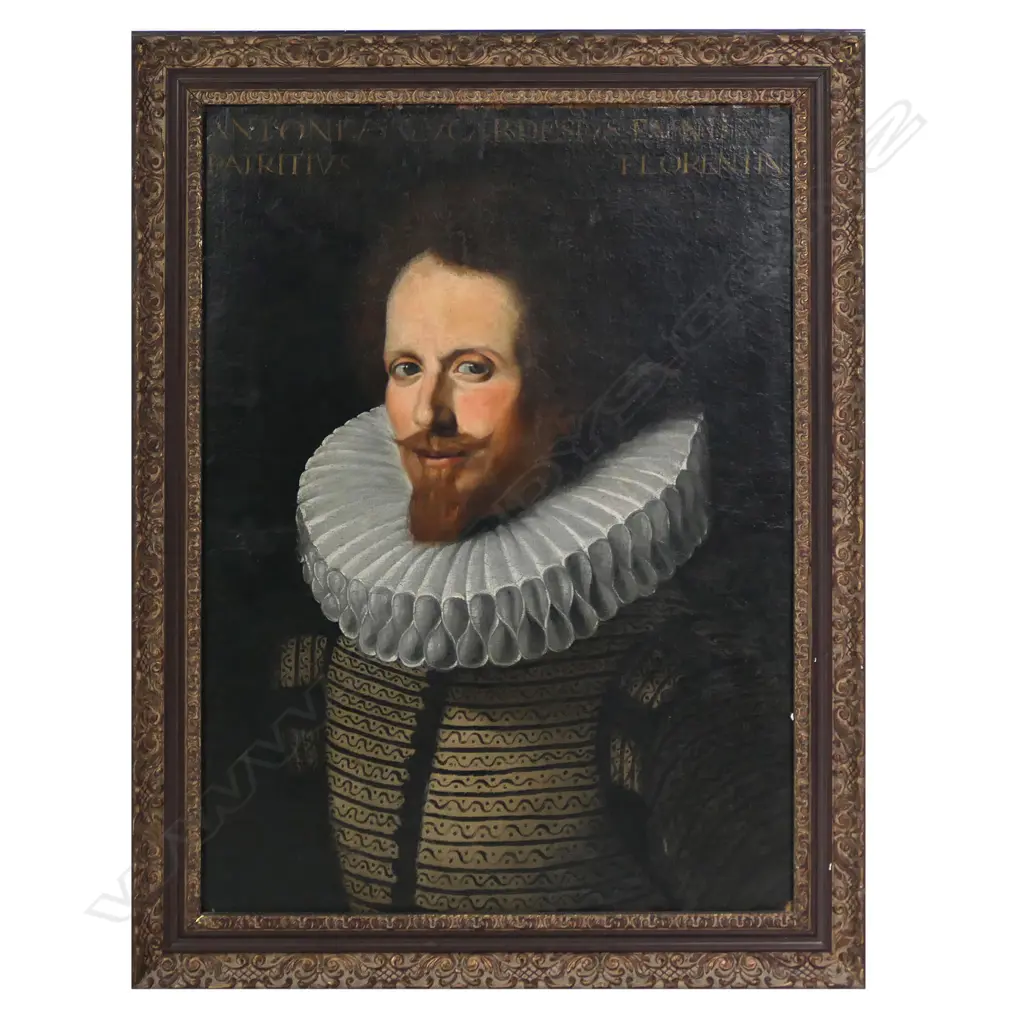 19thC artist unknown, portrait of a gentleman with ruffled collar, oil on canvas later laid on board, unsigned, detailed to the artwork 'ANTONIVS LVCARDESTVS ... PATRITIVS FLORENTIN.' 630 x 460mm. Image 1++
