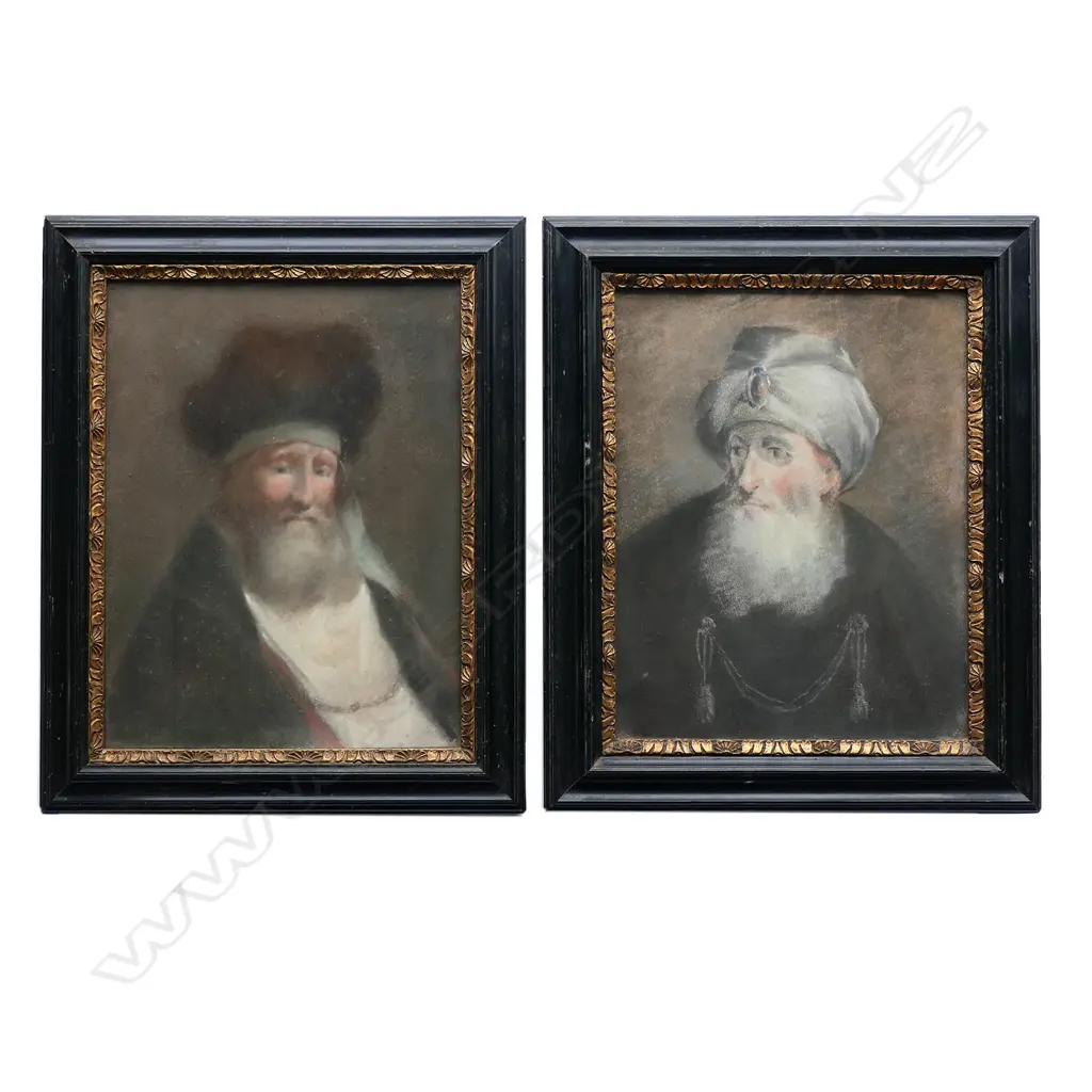 After Rembrandt, Pair of bust length portraits of men in Oriental costume, pastel. 320 x 250mm Image 1++