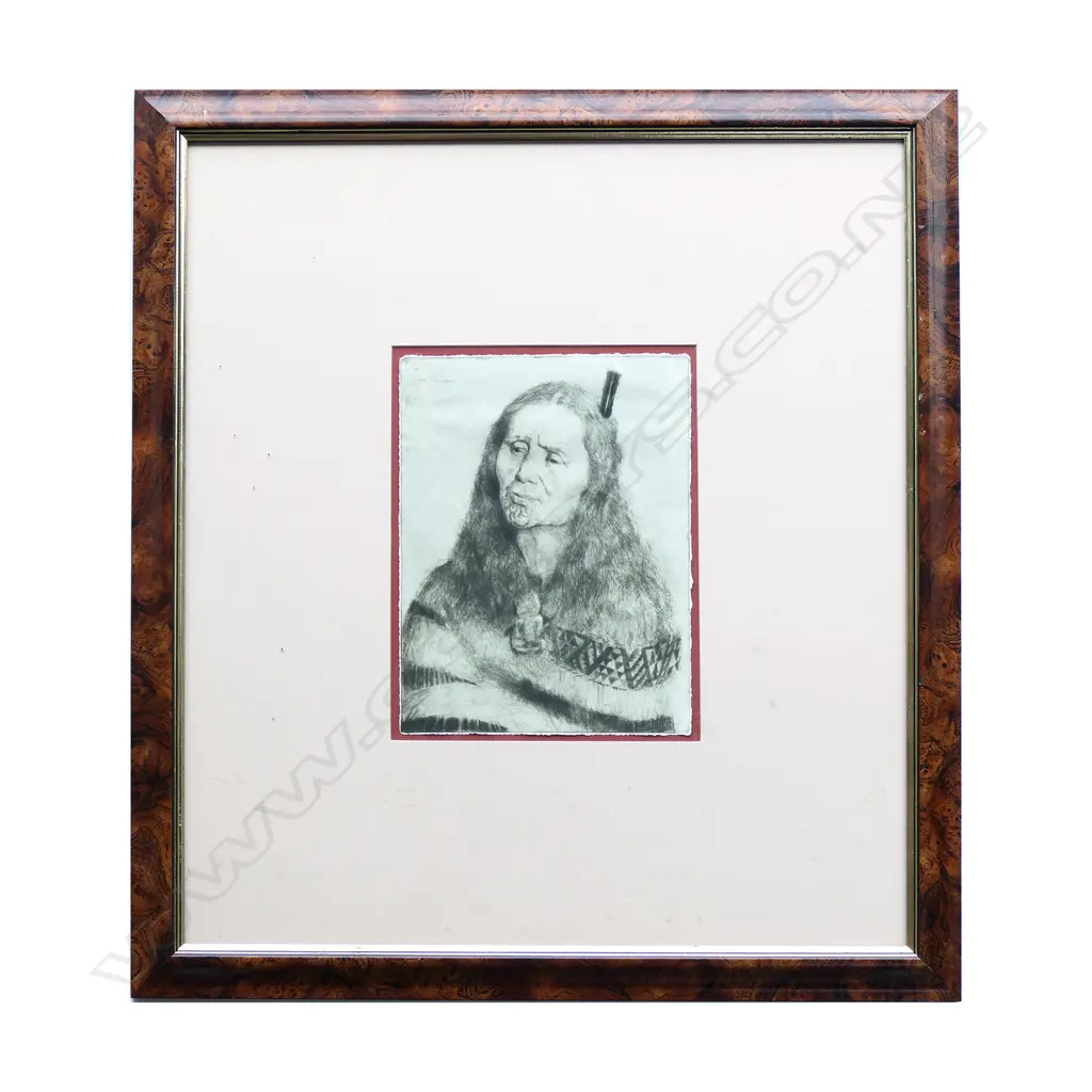 Harry Linley Richardson (UK/NZ 1878-1947), portrait of a Māori woman, drypoint engraving, signed in the plate, 220 x 165mm. Provenance: The McGregor Wright Gallery Collection. Image 1++