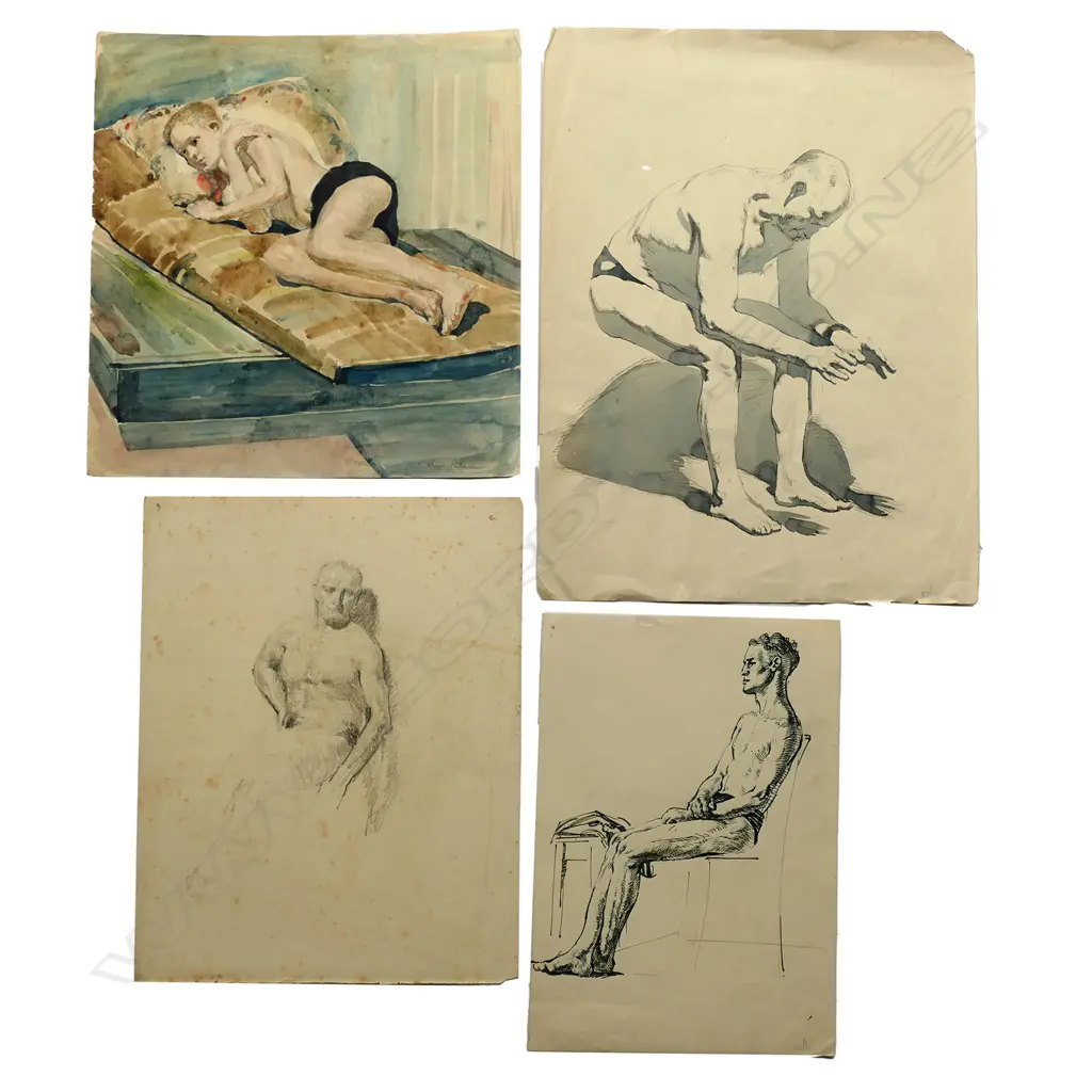 Harry Linley Richardson (UK/NZ 1878-1947), four untitled male figure studies, ink, pencil, watercolour and wash, the watercolour signed. The largest 375 x 280mm Image 1++