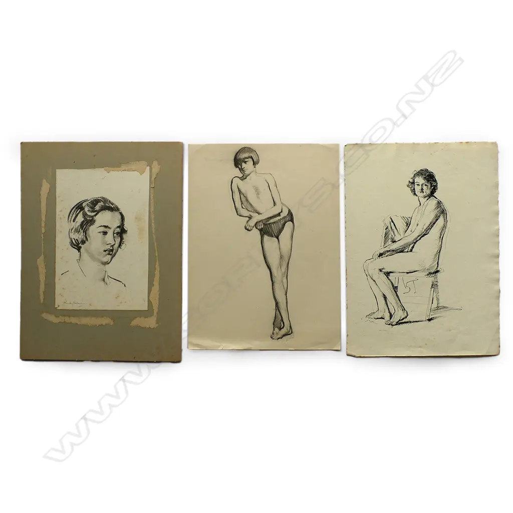 Harry Linley Richardson (UK/NZ 1878-1947), three female studies, charcoal and ink, one signed, the largest 390 x 280mm. Provenance: Ex. the McGregor Wright Gallery Collection. Image 1++