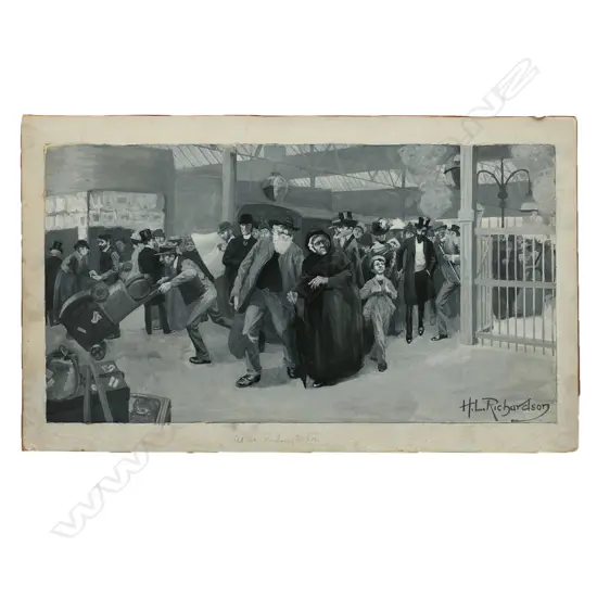 Harry Linley Richardson (UK/NZ 1878-1947), 'The Railway Station (Victoria)', gouache with white heightening on paper on card, signed, entitled, signed and addressed on reverse. 230 x 430mm. Provenance: The McGregor Wright Gallery Collection.