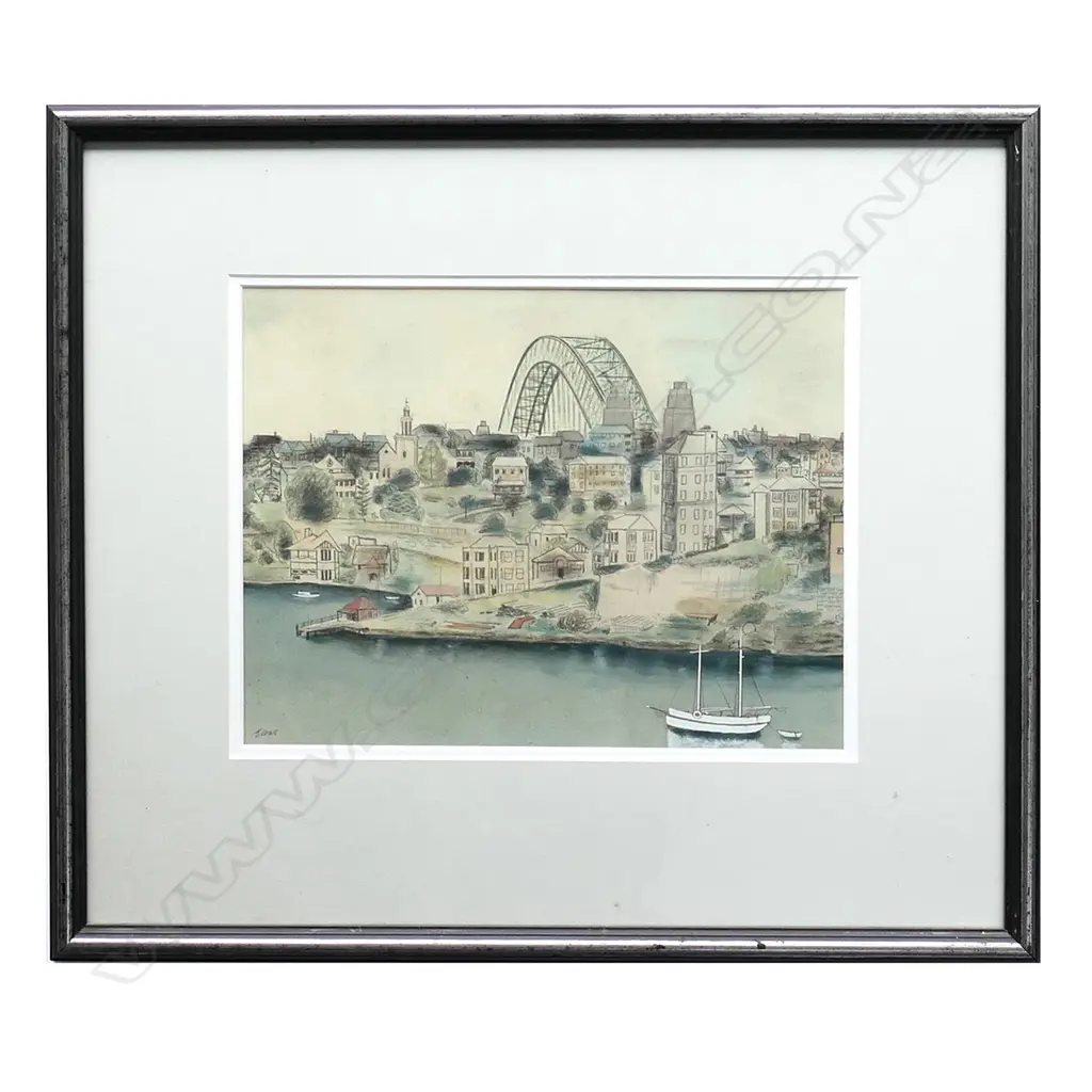 Edith Wall NZ (1904-99), Sydney Harbour, Houses and Bridge, watercolour and pencil, signed, 250 x 330mm. Note: Born in Christchurch, her father was a professor and broadcaster. In the early 1940s, Wall moved to Sydney, Australia and attended the Sorbonne in Paris and also studied art in Rome and London. Wall was an early member of The Group, after moving to Sydney she became a prolific cartoonist. Image 1++