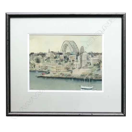 Edith Wall NZ (1904-99), Sydney Harbour, Houses and Bridge, watercolour and pencil, signed, 250 x 330mm. Note: Born in Christchurch, her father was a professor and broadcaster. In the early 1940s, Wall moved to Sydney, Australia and attended the Sorbonne in Paris and also studied art in Rome and London. Wall was an early member of The Group, after moving to Sydney she became a prolific cartoonist.