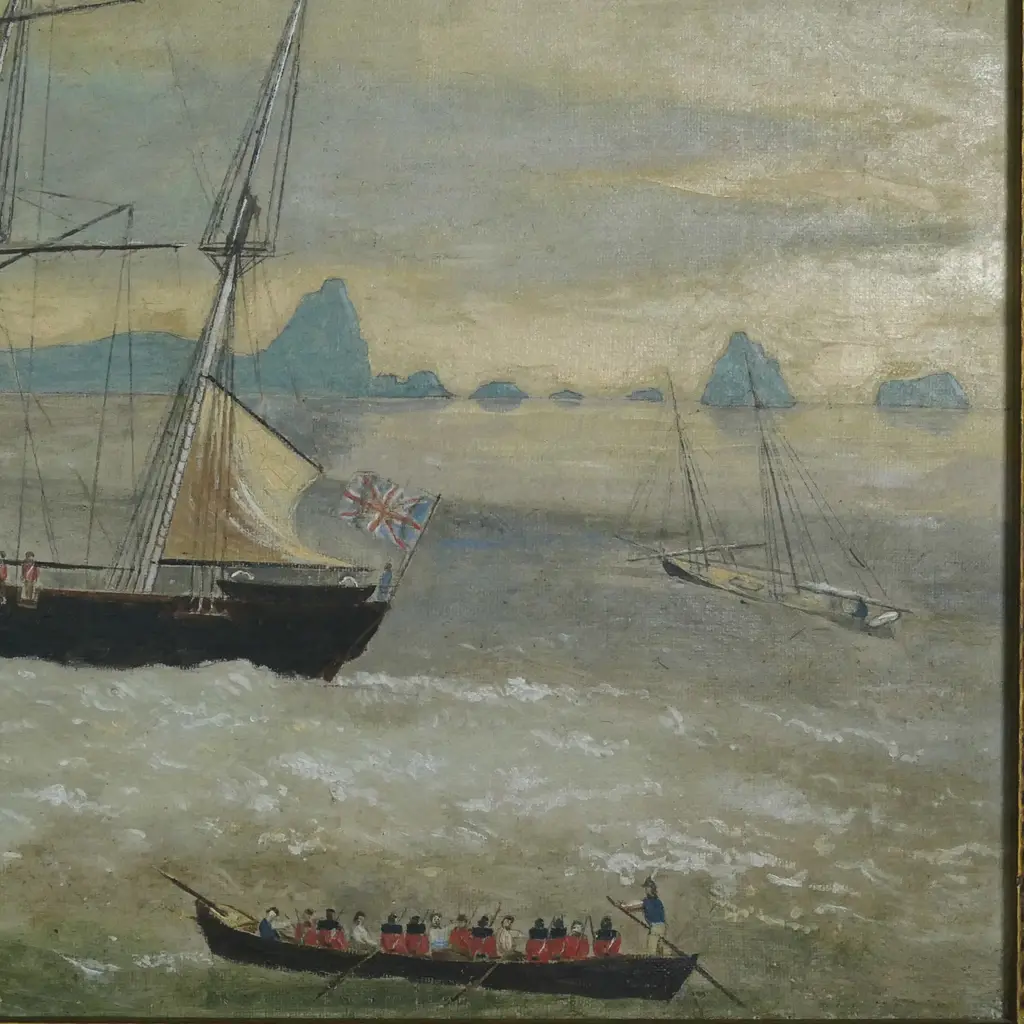 Edwin Harris (1810-1885), New Plymouth Under Siege - Troops Being Ferried Ashore, New Plymouth, 1860, oil on canvas, 370 x 790mm Image 1++