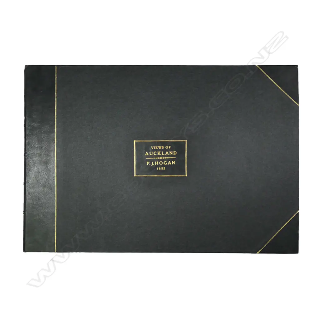 Patrick Joseph Hogan (1805 - 1878), rare set of four 1852 lithographs. Includes:  'No.1, Auckland, New Zealand. (From Hobson Street South)'; 'No.2, Auckland, New Zealand. (From Smale's Point.)'; 'No.3, Auckland, New Zealand. (From Britomart Barrack.)'; 'No.4, Auckland, New Zealand. (From the New Wharf.)'.  Each entitled and detailed 'Drawn by J.P. Hogan. 1852. Published by J. Williamson, Stationer &c. Auckland.' Full paper size 565 x 380mm. Housed in later leather trimmed book form box with gilt tooled detail. Note: Hogan worked as "Director" of a drawing class at the Mechanics Institute in Auckland, also as a surveyor and by 1853 was listed in Parnell as an artist. Image 1++