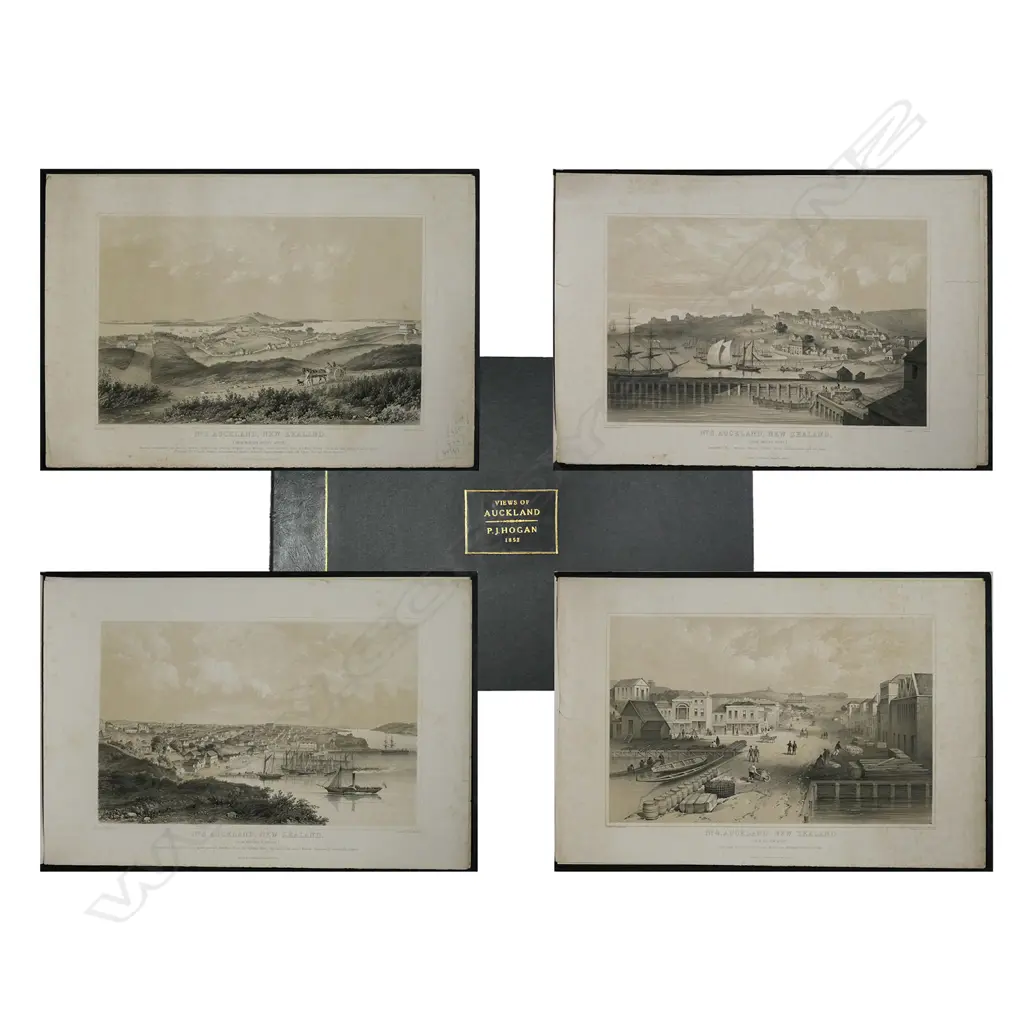 Patrick Joseph Hogan (1805 - 1878), rare set of four 1852 lithographs. Includes:  'No.1, Auckland, New Zealand. (From Hobson Street South)'; 'No.2, Auckland, New Zealand. (From Smale's Point.)'; 'No.3, Auckland, New Zealand. (From Britomart Barrack.)'; 'No.4, Auckland, New Zealand. (From the New Wharf.)'.  Each entitled and detailed 'Drawn by J.P. Hogan. 1852. Published by J. Williamson, Stationer &c. Auckland.' Full paper size 565 x 380mm. Housed in later leather trimmed book form box with gilt tooled detail. Note: Hogan worked as "Director" of a drawing class at the Mechanics Institute in Auckland, also as a surveyor and by 1853 was listed in Parnell as an artist. Image 1++
