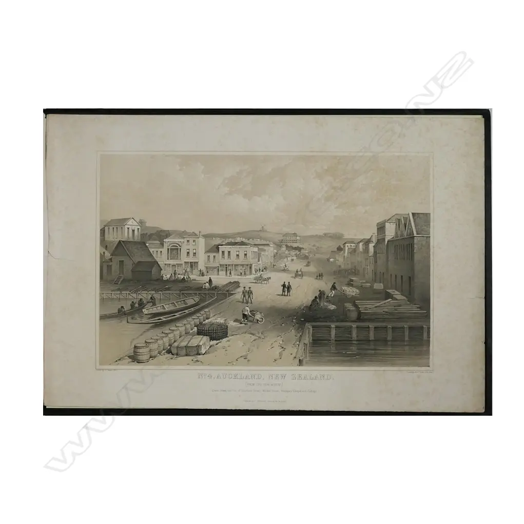 Patrick Joseph Hogan (1805 - 1878), rare set of four 1852 lithographs. Includes:  'No.1, Auckland, New Zealand. (From Hobson Street South)'; 'No.2, Auckland, New Zealand. (From Smale's Point.)'; 'No.3, Auckland, New Zealand. (From Britomart Barrack.)'; 'No.4, Auckland, New Zealand. (From the New Wharf.)'.  Each entitled and detailed 'Drawn by J.P. Hogan. 1852. Published by J. Williamson, Stationer &c. Auckland.' Full paper size 565 x 380mm. Housed in later leather trimmed book form box with gilt tooled detail. Note: Hogan worked as "Director" of a drawing class at the Mechanics Institute in Auckland, also as a surveyor and by 1853 was listed in Parnell as an artist. Image 1++