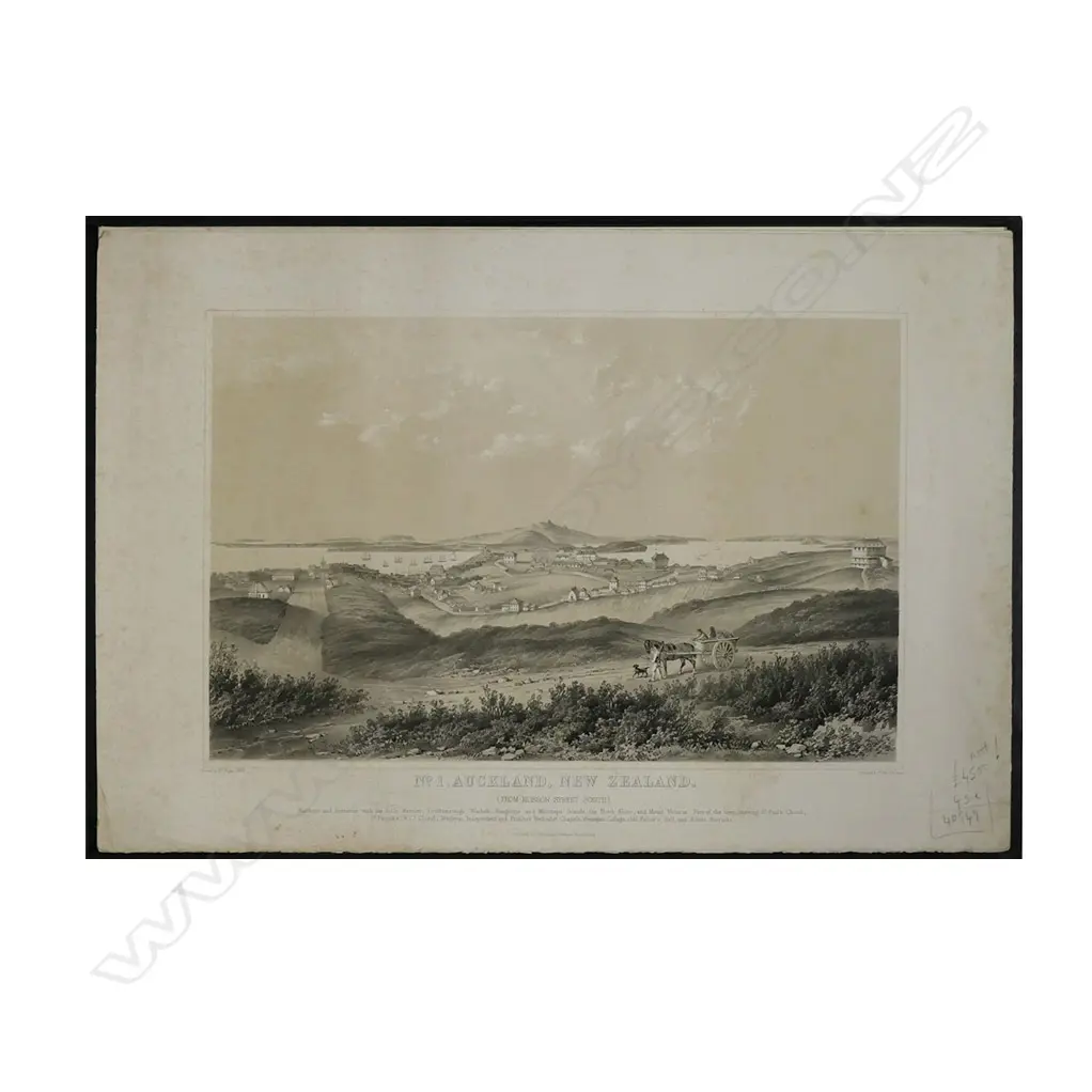 Patrick Joseph Hogan (1805 - 1878), rare set of four 1852 lithographs. Includes:  'No.1, Auckland, New Zealand. (From Hobson Street South)'; 'No.2, Auckland, New Zealand. (From Smale's Point.)'; 'No.3, Auckland, New Zealand. (From Britomart Barrack.)'; 'No.4, Auckland, New Zealand. (From the New Wharf.)'.  Each entitled and detailed 'Drawn by J.P. Hogan. 1852. Published by J. Williamson, Stationer &c. Auckland.' Full paper size 565 x 380mm. Housed in later leather trimmed book form box with gilt tooled detail. Note: Hogan worked as "Director" of a drawing class at the Mechanics Institute in Auckland, also as a surveyor and by 1853 was listed in Parnell as an artist. Image 1++