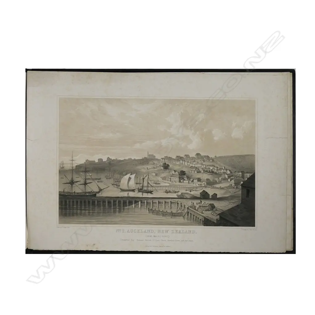 Patrick Joseph Hogan (1805 - 1878), rare set of four 1852 lithographs. Includes:  'No.1, Auckland, New Zealand. (From Hobson Street South)'; 'No.2, Auckland, New Zealand. (From Smale's Point.)'; 'No.3, Auckland, New Zealand. (From Britomart Barrack.)'; 'No.4, Auckland, New Zealand. (From the New Wharf.)'.  Each entitled and detailed 'Drawn by J.P. Hogan. 1852. Published by J. Williamson, Stationer &c. Auckland.' Full paper size 565 x 380mm. Housed in later leather trimmed book form box with gilt tooled detail. Note: Hogan worked as "Director" of a drawing class at the Mechanics Institute in Auckland, also as a surveyor and by 1853 was listed in Parnell as an artist. Image 1++