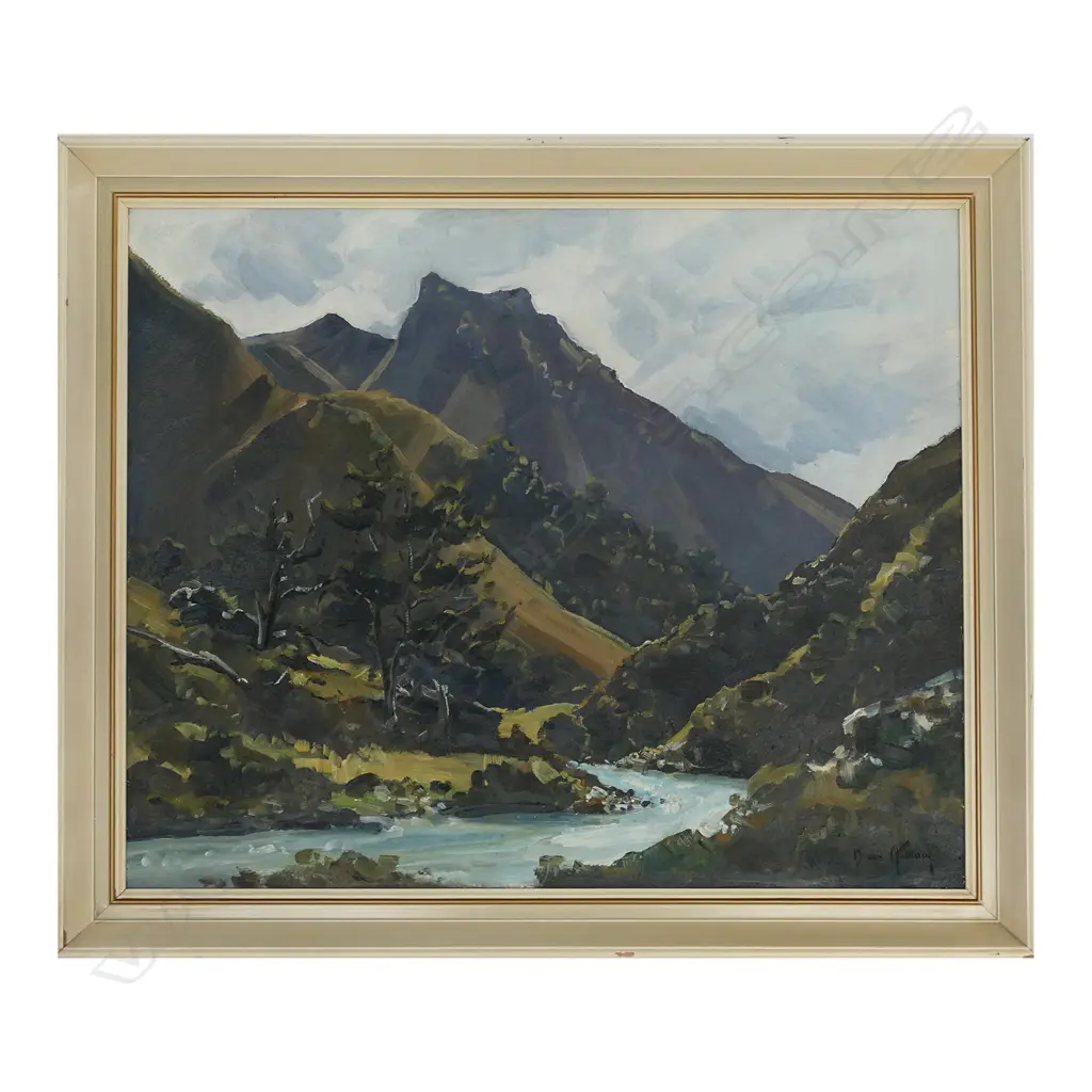 Brian Halliday (1936-94), Timaru Creek (Lake Hawea region, Central Otago), oil on board, signed, titled verso. 445 x 550mm Image 1++