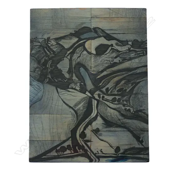 Stanley Palmer (b.1936), 'Hungry Creek', engraved bamboo block, stained green/blue and black, 612 x 470mm. Note: This is the original block from which the series of 40 bamboo etchings were taken and dated 1970. Provenance: From the collection of Jacquie and Graeme Storm.