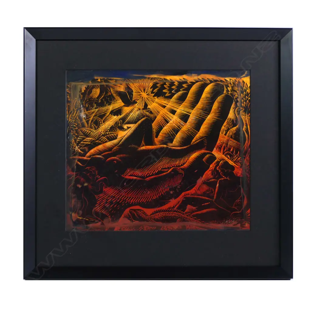 E Mervyn Taylor (1906-1964), 'Creation, 1948', celluloid printers’ plate, with orange, red and black tones. 290 x 335mm. Image 1++