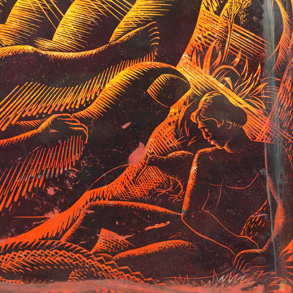 E Mervyn Taylor (1906-1964), 'Creation, 1948', celluloid printers’ plate, with orange, red and black tones. 290 x 335mm. Image 1++