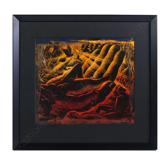 E Mervyn Taylor (1906-1964), 'Creation, 1948', celluloid printers’ plate, with orange, red and black tones. 290 x 335mm.