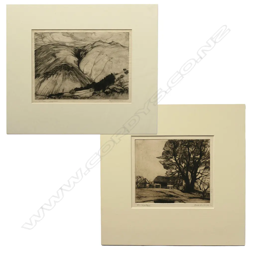 Anne M.A. Anderson (1874-1952), 'Elm Tree Farm' and 'The Pikes...Deep dale', two engravings, both signed and entitled, 150 x 175mm and 180 x 250mm. Image 1++