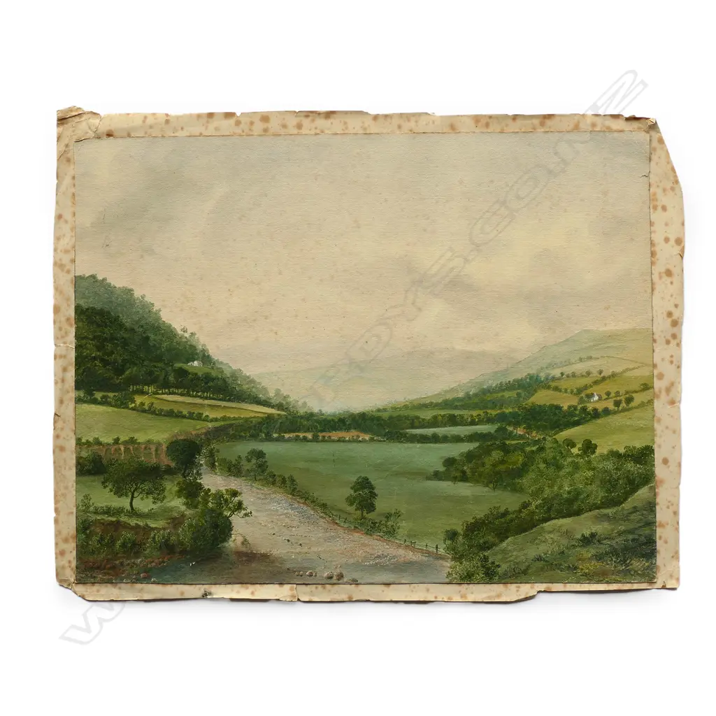 G.F. Welch, "Dulas Valley, near Heath S. Wales", watercolour, detailed on reverse by the artist's son, Nugent Welch, a noted New Zealand artist. 245 x 315mm Image 1++