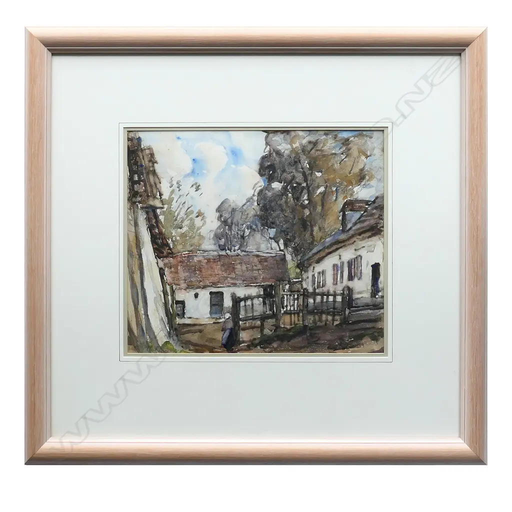 Maud Burge (1865-1957), untitled French farmhouse scene, watercolour, signed, 270 x 315mm. Note: Maude Burge was influenced by James Nairn. She spent time as an expatriate artist specifically in Europe. She was a painting companion of Frances Hodgkins who called Maude Burge a "charming changeable woman" in her published letters. They painted together at the Burge family home in St. Tropez and in Ibiza. Image 1++