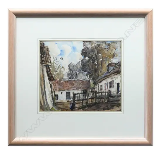 Maud Burge (1865-1957), untitled French farmhouse scene, watercolour, signed, 270 x 315mm. Note: Maude Burge was influenced by James Nairn. She spent time as an expatriate artist specifically in Europe. She was a painting companion of Frances Hodgkins who called Maude Burge a "charming changeable woman" in her published letters. They painted together at the Burge family home in St. Tropez and in Ibiza.