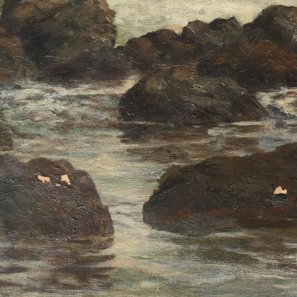 George Edmund Butler (UK/NZ.1870-1936), untitled Wellington coast, oil on canvas, signed, 610 x 965mm. Professional repairs. Image 1++