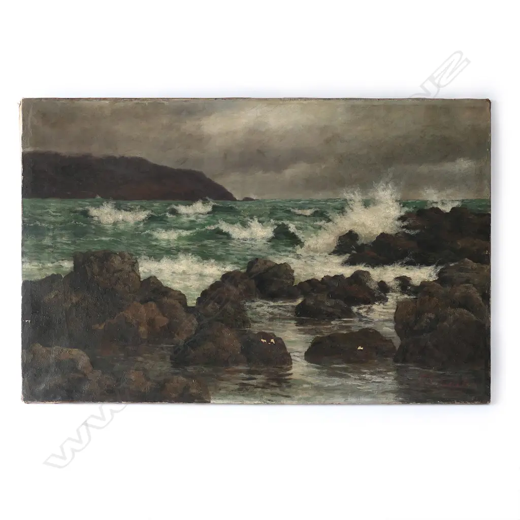 George Edmund Butler (UK/NZ.1870-1936), untitled Wellington coast, oil on canvas, signed, 610 x 965mm. Professional repairs. Image 1++