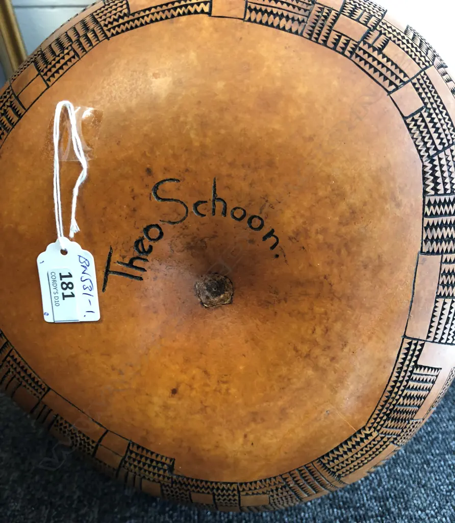 A Theo Schoon carved ovoid gourd, signed, 400 x 300 x 300mm Image 1++