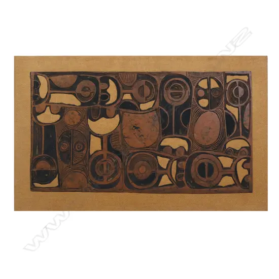 Para Matchitt (1933-2021), untitled Māori abstract themes, linocut block, c.1960s, 405 x 750mm. Note: This is the original linocut block from which the prints were taken. 'Para and I trained together in 1957 as Art & Craft Advisers for the Education Dept. We later worked as Itinerant specialists in the Waikato area, and it was in Hamilton during this time that Para carved this lino block, which he exchanged with me for some of my pottery.' Graeme Storm.  Provenance: From the collection of Jacquie and Graeme Storm.