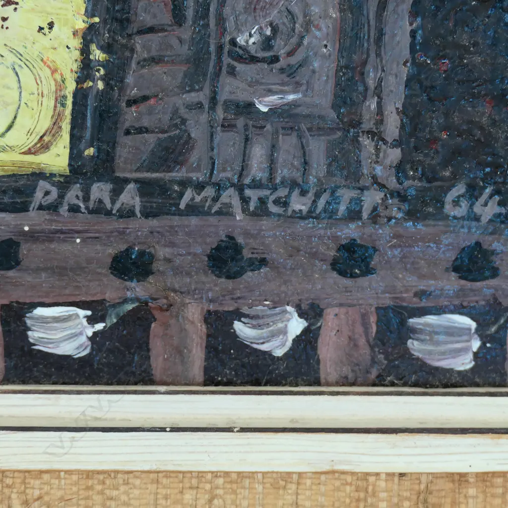 Para Matchitt (1933-2021), Untitled, (Bull), oil on board, signed and dated 1964, 370 x 500mm. Note: 'During the time Para and I lived and worked in Hamilton, he had a fascination with Spanish bullfighting and those like Picasso who depicted it. He often used to do sketches of matadors and toreadors in action. In fact, I believe he did some wall painting for a local coffee shop on this subject.  This painting Para gave to me a few years later in memory of that time. Graeme Storm. July 29, 2021. Provenance: From the collection of Jacquie and Graeme Storm. Image 1++