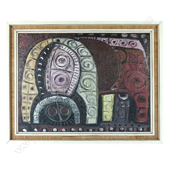 Para Matchitt (1933-2021), Untitled, (Bull), oil on board, signed and dated 1964, 370 x 500mm. Note: 'During the time Para and I lived and worked in Hamilton, he had a fascination with Spanish bullfighting and those like Picasso who depicted it. He often used to do sketches of matadors and toreadors in action. In fact, I believe he did some wall painting for a local coffee shop on this subject.  This painting Para gave to me a few years later in memory of that time. Graeme Storm. July 29, 2021. Provenance: From the collection of Jacquie and Graeme Storm.