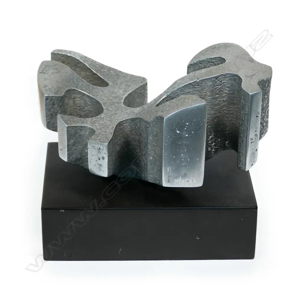 Guy Ngan (1926-2017), sculpture No.2 from the Habitation series 1975, aluminium on ebonised base, impressed artist's name and '2/1975', 175 x 145 x 125mm. Provenance: From the estate of the artist. Exhibited: The Dowse, Guy Ngan: Habitation. 18th May - 15th September 2019. Dunedin Public Art Gallery, Guy Ngan: Habitation. 20th March - 1st July 2021. The Dowse notes: Guy Ngan: Habitation considers how notions of place and belonging influenced his expansive practice, which was grounded in his Chinese heritage, his home in Te Moana nui a Kiwa (the Pacific), and his studies across Aotearoa New Zealand, the United Kingdom and Italy. Image 1++