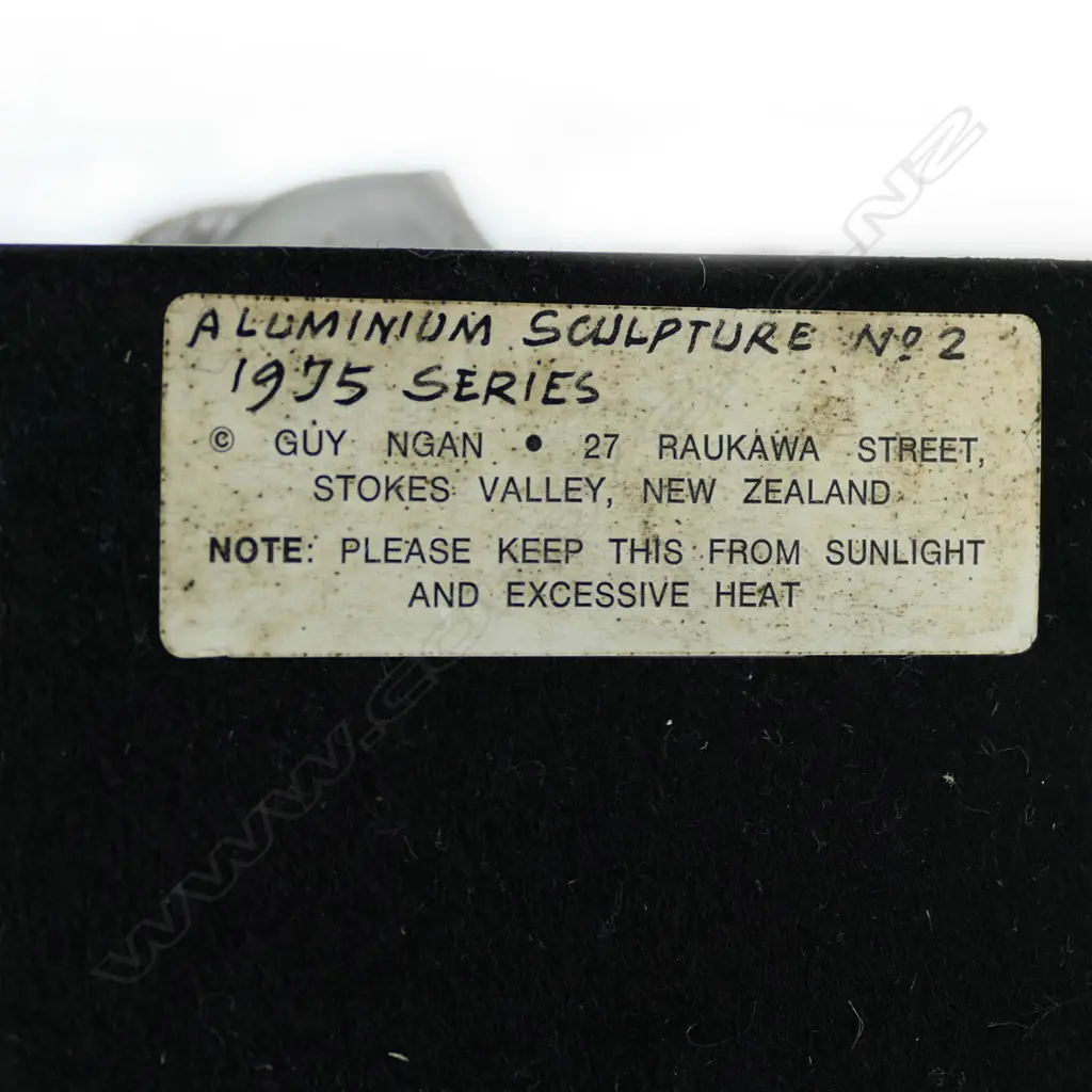 Guy Ngan (1926-2017), sculpture No.2 from the Habitation series 1975, aluminium on ebonised base, impressed artist's name and '2/1975', 175 x 145 x 125mm. Provenance: From the estate of the artist. Exhibited: The Dowse, Guy Ngan: Habitation. 18th May - 15th September 2019. Dunedin Public Art Gallery, Guy Ngan: Habitation. 20th March - 1st July 2021. The Dowse notes: Guy Ngan: Habitation considers how notions of place and belonging influenced his expansive practice, which was grounded in his Chinese heritage, his home in Te Moana nui a Kiwa (the Pacific), and his studies across Aotearoa New Zealand, the United Kingdom and Italy. Image 1++