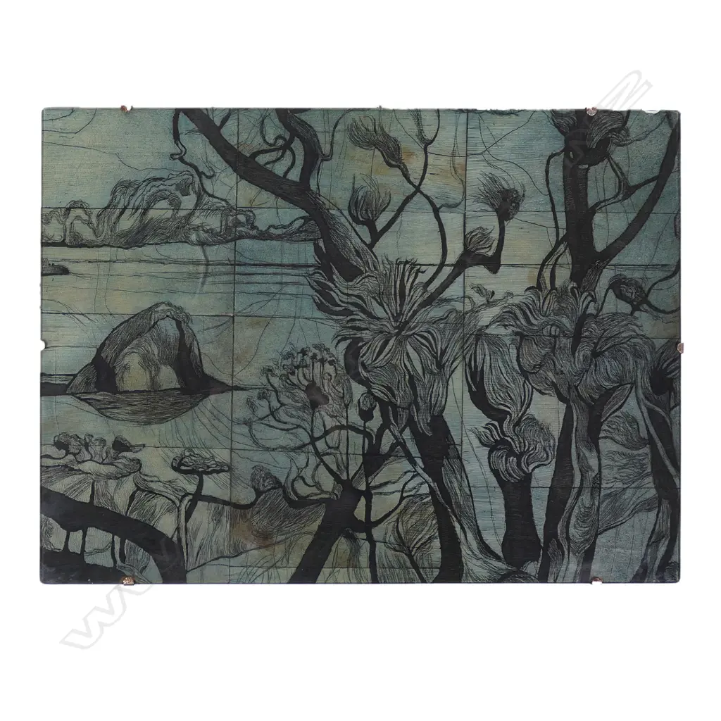 Stanley Palmer (b.1936), 'Pohutukawa and island Mahurangi', engraved bamboo block, stained green/blue and black, 434 x 596mm. Note: This is the original block from which the series of 60 bamboo etchings were taken dated 1974. Provenance: From the collection of Jacquie and Graeme Storm. Image 1++