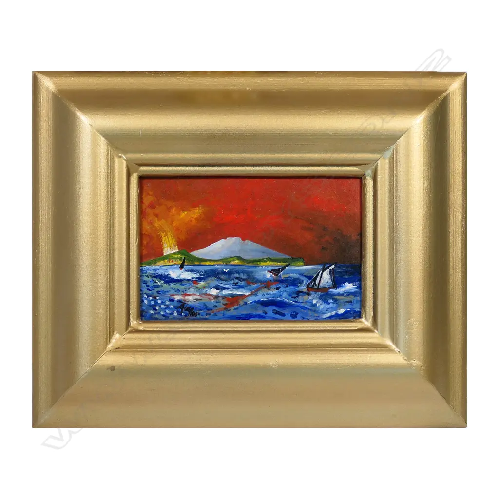 Alan Taylor (1933-2016), 'Waitemata: Rangitoto from Ponsonby', acrylic on board, signed, titled verso. 100 x 145mm. Image 1++