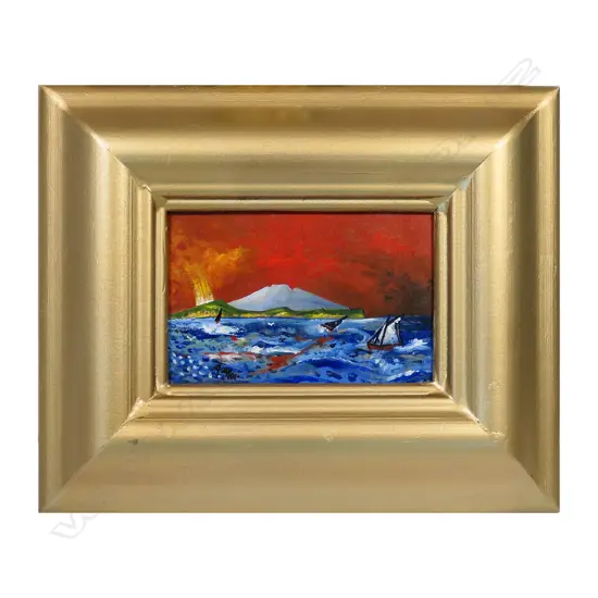 Alan Taylor (1933-2016), 'Waitemata: Rangitoto from Ponsonby', acrylic on board, signed, titled verso. 100 x 145mm.