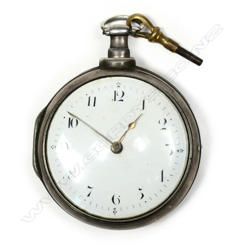 A George III silver pair cased pocket watch, the white enamel dial with Arabic numerals, the fancy back plate engraved 'Goldsmith Liverpool', the case Birmingham 1815 by William Ryley, a noted case maker, the outer pair case Birmingham 1813 with multiple watch papers Image 1++