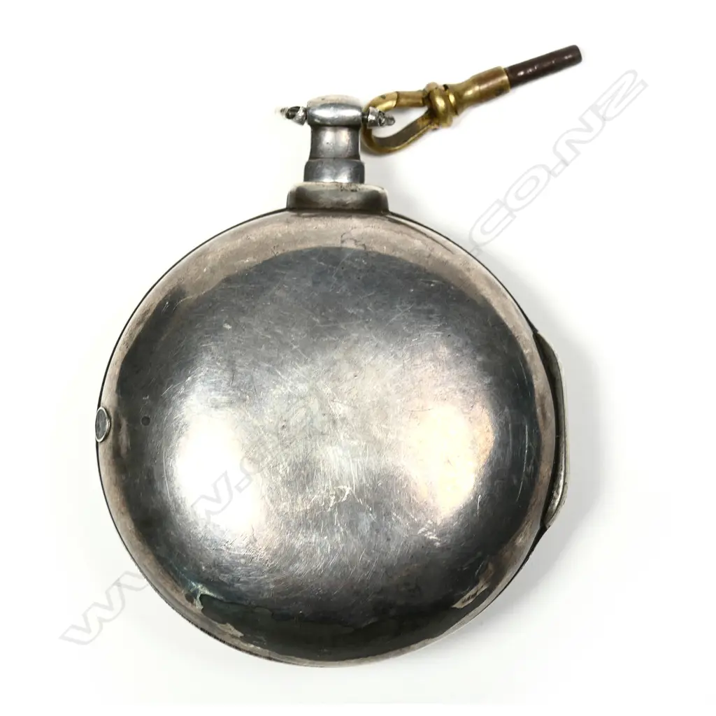 A George III silver pair cased pocket watch, the white enamel dial with Arabic numerals, the fancy back plate engraved 'Goldsmith Liverpool', the case Birmingham 1815 by William Ryley, a noted case maker, the outer pair case Birmingham 1813 with multiple watch papers Image 1++