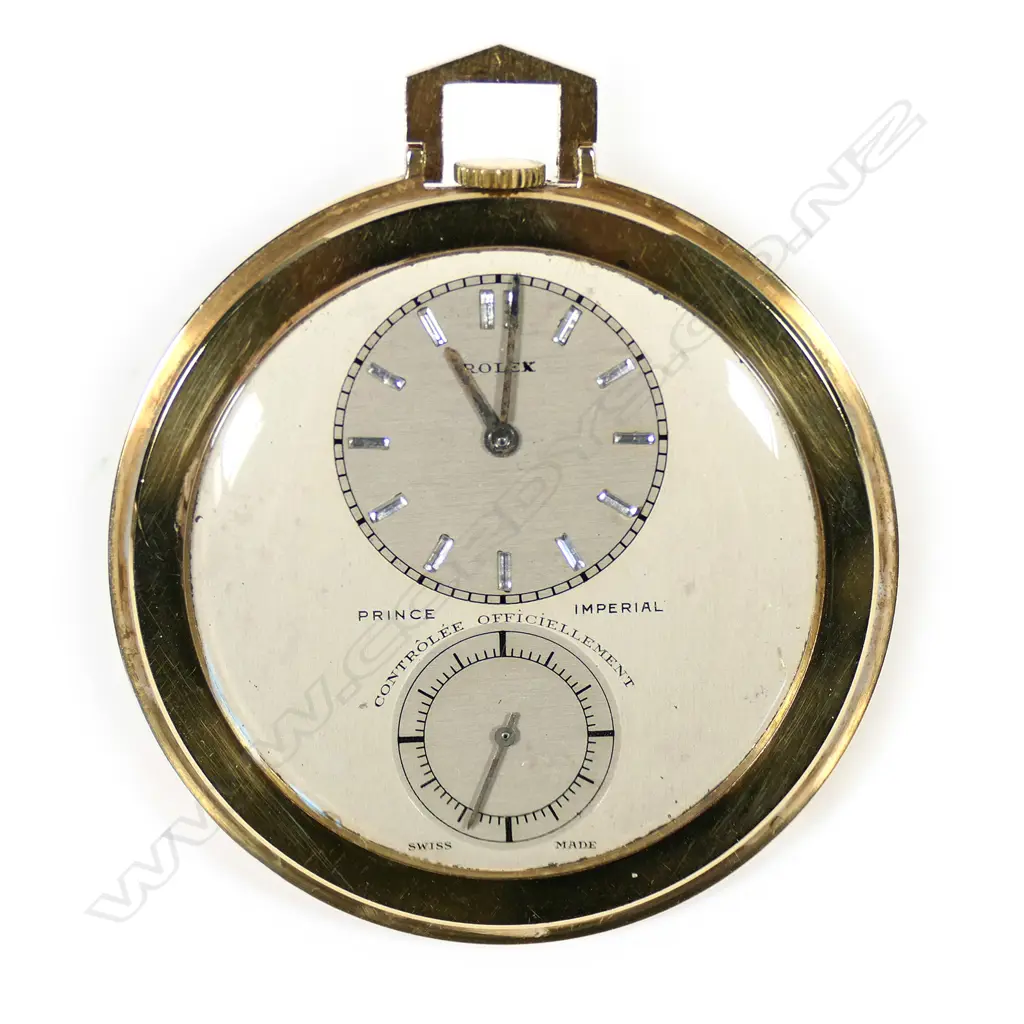 A rare 18ct gold Rolex 'Prince Imperial' open face dress pocket watch, 47mm diameter slim case, silvered face with two dials, the main 20mm dial with baguette diamonds indicating hours, above a subsidiary seconds dial, marked 'Contrôlée Officiellement'; 17 jewel manual wind 'Observatory' movement, runs/stops. Total weight 44gm. Provenance: Private Auckland estate collection. Image 1++