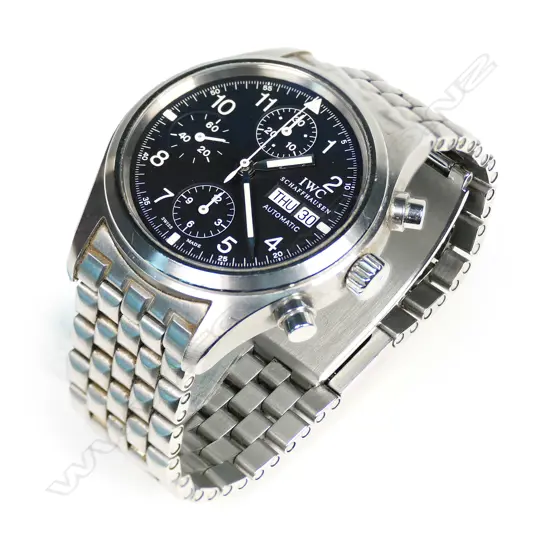 An IWC Schaffhausen Fliegerchronograph (Pilot's chronograph), ref. 3706, automatic, stainless steel 39mm case and bracelet, black dial, quickset day/date. Ser. no. 3030897. Apparently working. Provenance: Private Auckland estate collection.