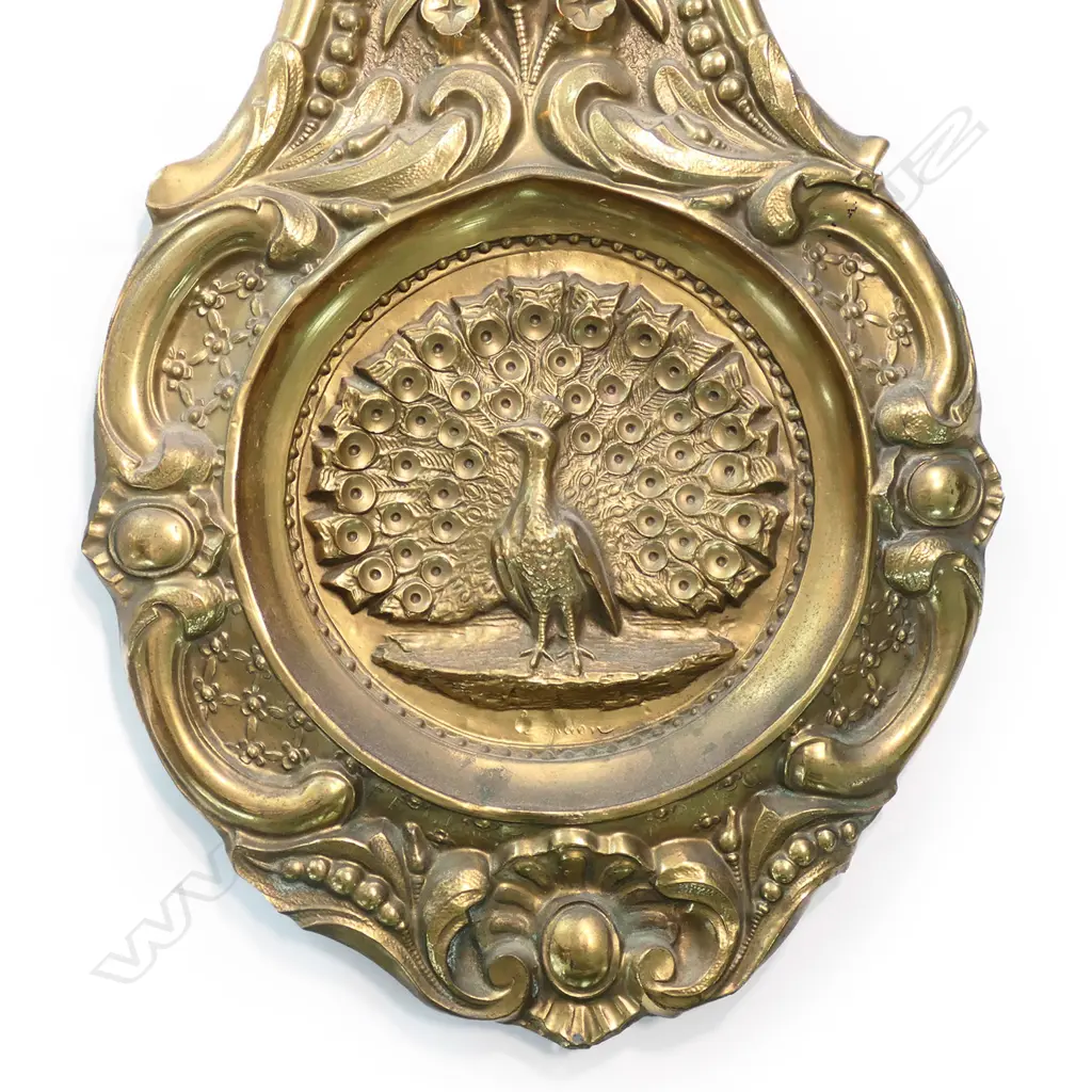 A French comptoise wall clock, the brass face embossed with birds framing the engraved metal dial. Ornate large pendulum, bell striking movement. H.1400mm approx. Provenance: The estate collection of Prof. G. Dawson. Image 1++