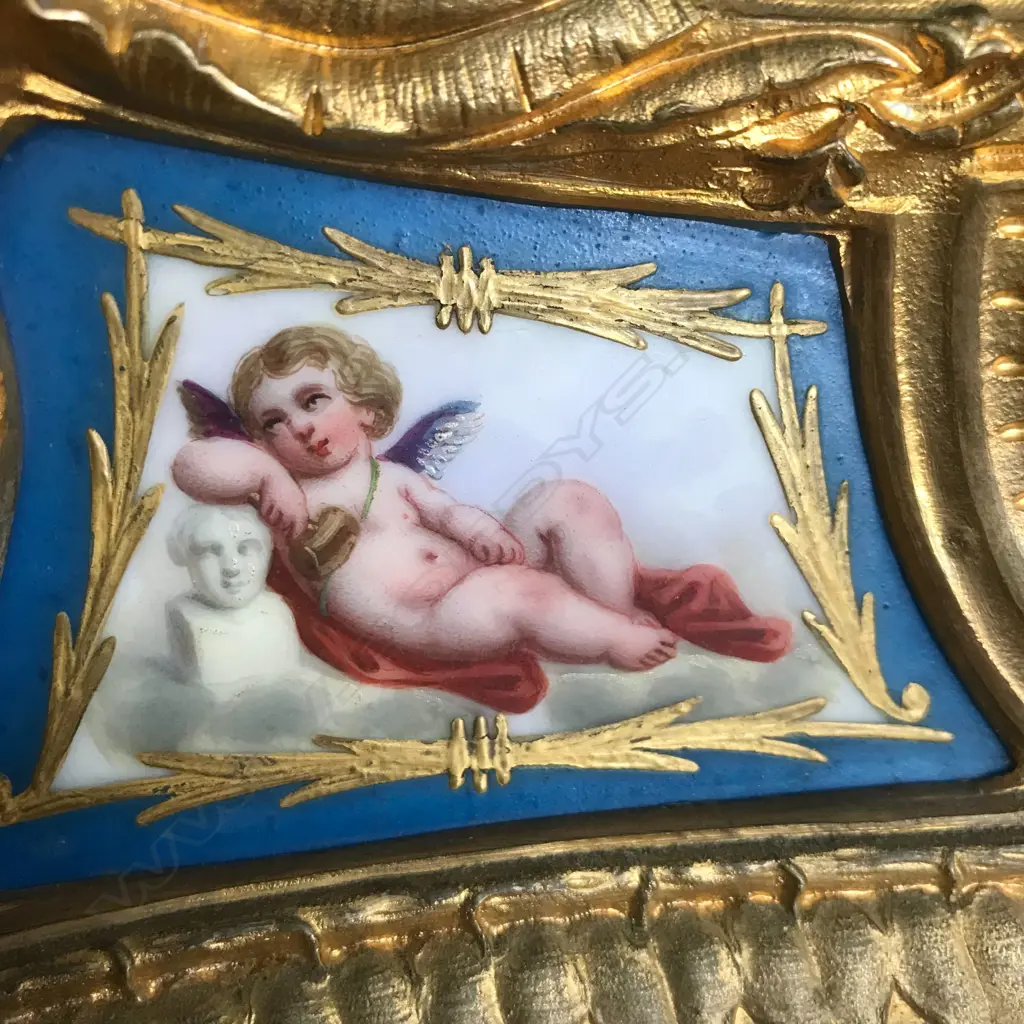 A French 19thC ormolu and bronze mantel clock with Sevres porcelain panels Image 1++