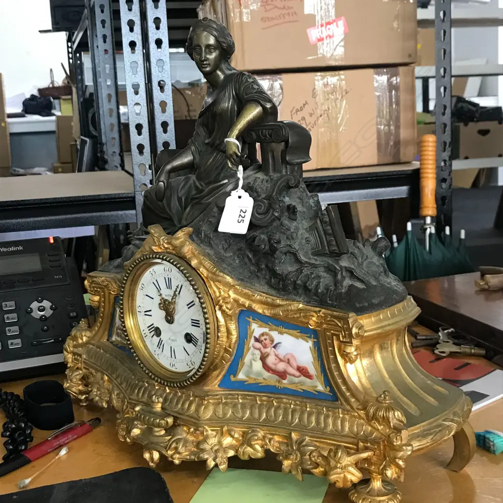 A French 19thC ormolu and bronze mantel clock with Sevres porcelain panels Image 1++