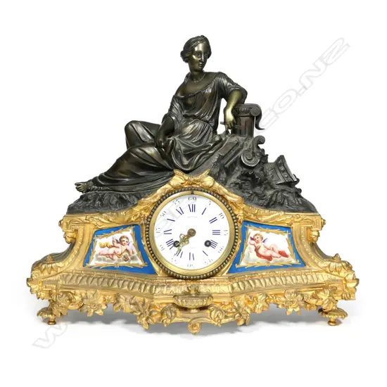 A French 19thC ormolu and bronze mantel clock with Sevres porcelain panels