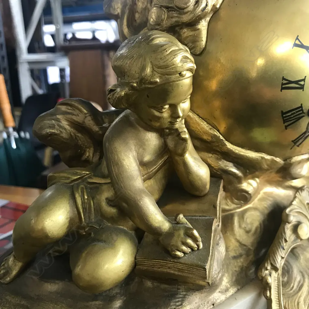 A French 19thC ormolu and white marble mantel clock, the eight-day Image 1++