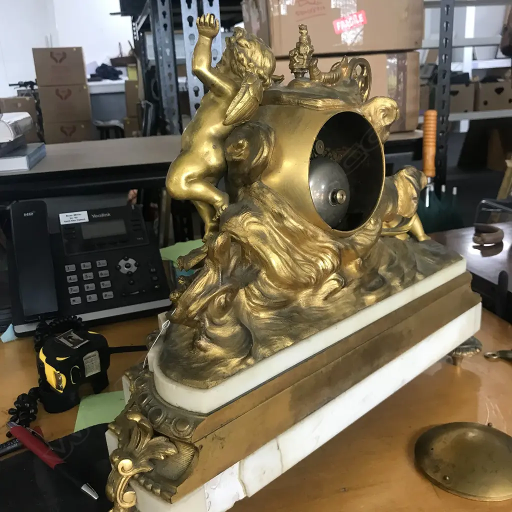 A French 19thC ormolu and white marble mantel clock, the eight-day Image 1++