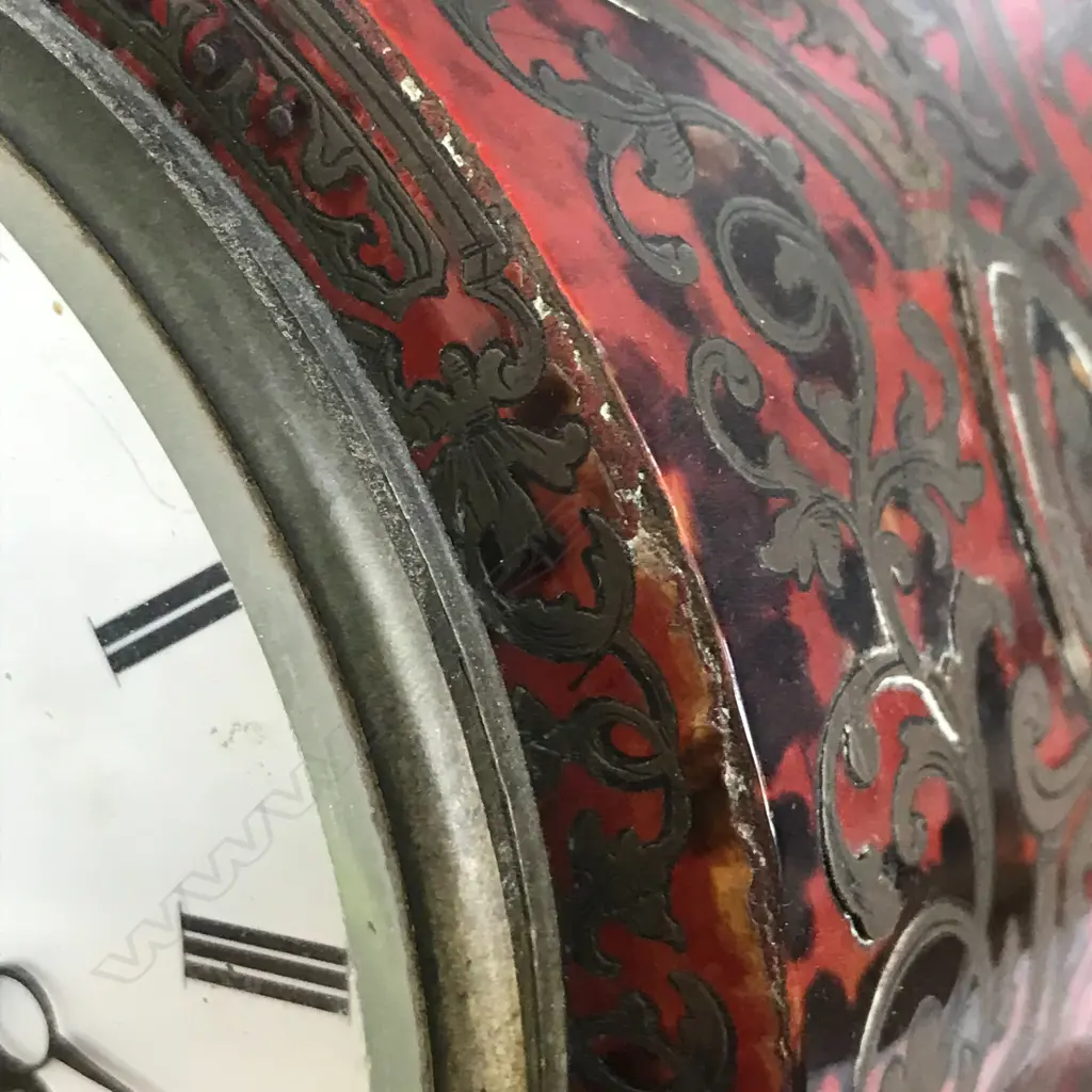 A French 19thC red tortoiseshell lacquer and boulle cut brass inlay mantel clock Image 1++